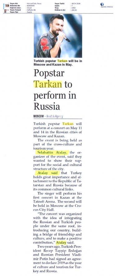 Popstar Tarkan to perform in Russia