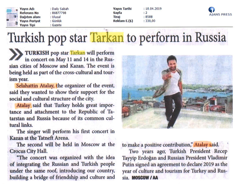 Turkish popstar Tarkan to perform in Russia
